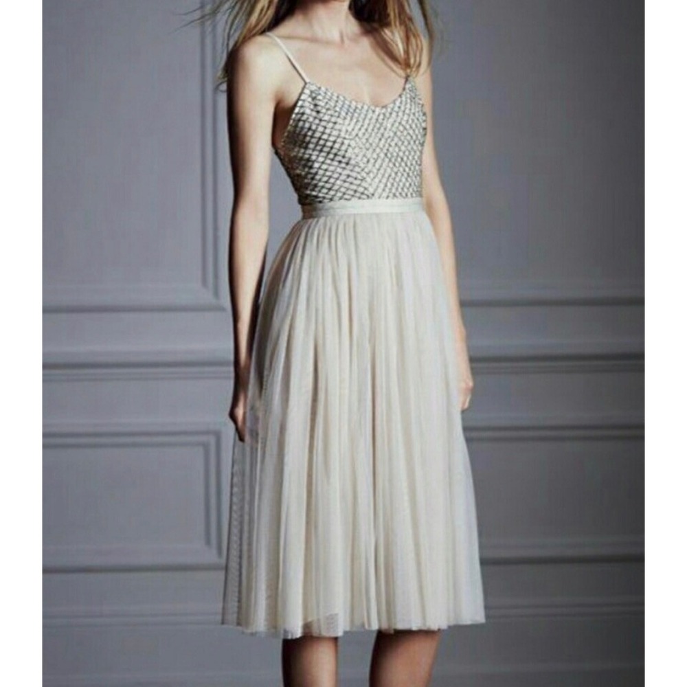 Needle & Thread Beaded Lattice Tulle Tiered Midi Dress Champagne Silver US 0